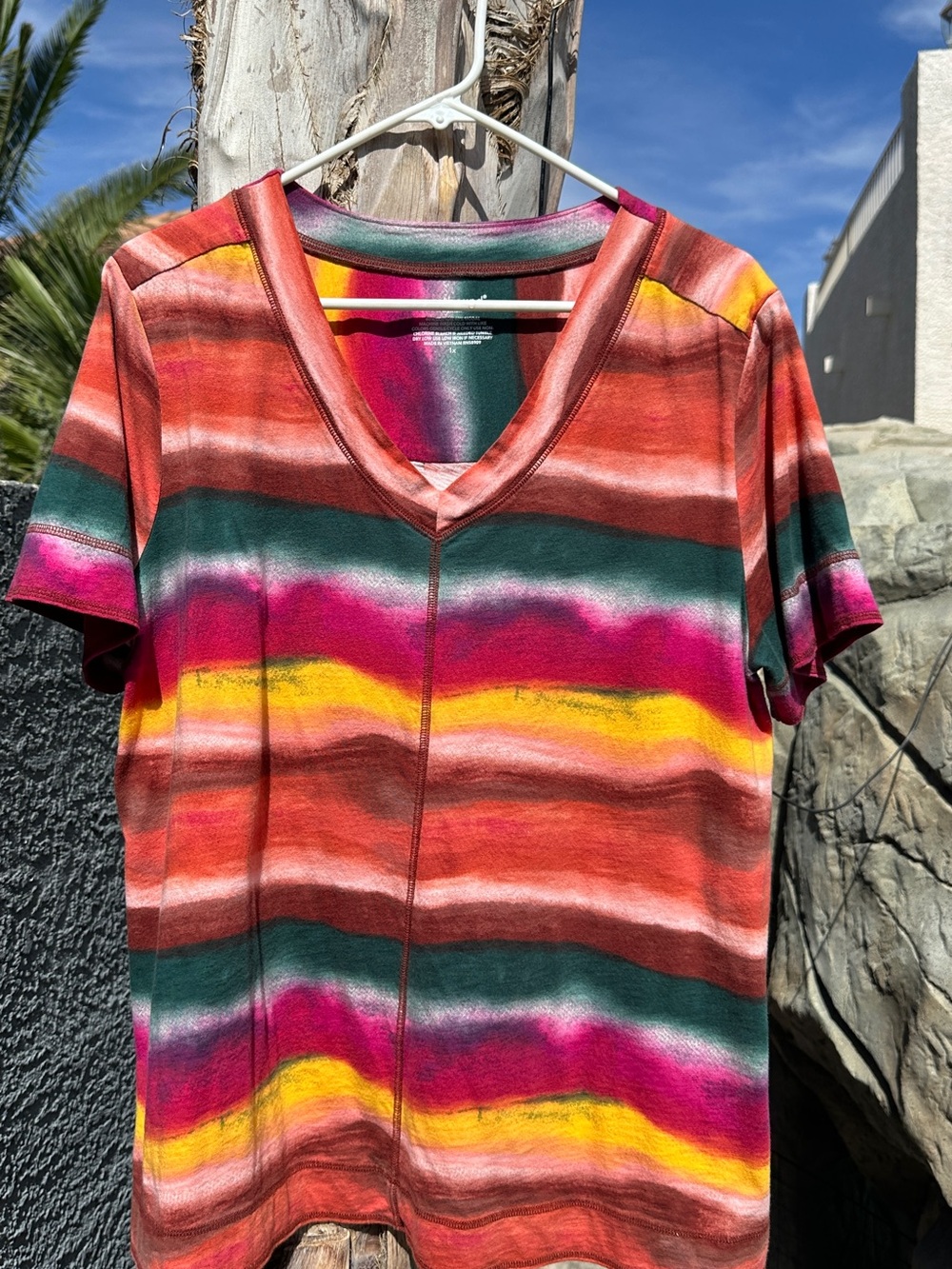 Westbound Multicolor Striped V-Neck Tee in Coral, Green & Yellow